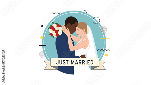 Interracial wedding couple embracing inside a circular frame with a just married banner and abstract geometric elements.