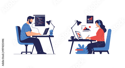 Flat vector illustration of remote workers, software developer coding at desk and graphic designer with tablet, freelance workspace concept