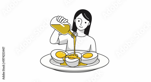 Person pouring yellow liquid over sliced eggs on a white plate