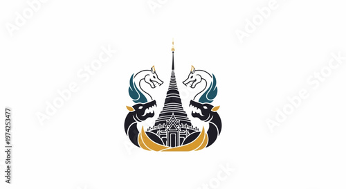Black and gold mythical creatures flank a detailed pagoda on a white background