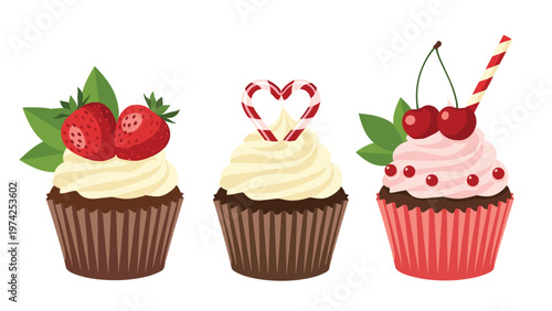 Set of three delicious chocolate cupcakes topped with cream and fruit like strawberries, cherries, and festive candy canes.