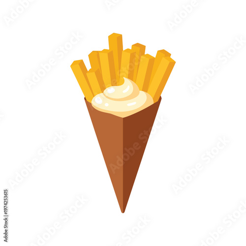 French fries with mayonnaise in paper cone vector illustration isolated on white background