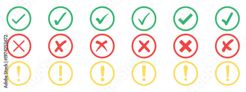 Status icon set with check mark, cross and exclamation symbols. Success, error and warning status indicators. tick, cross and warning icons. System notification and interface elements.
