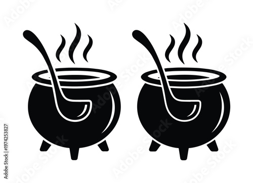 Witch cauldron silhouette icons, boiling magic potion pots with ladles, spooky Halloween brewing vessels, black vector cauldron set