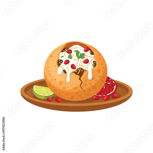Indian street food dahi puri vector illustration with yogurt, pomegranate, and chutney on wooden plate