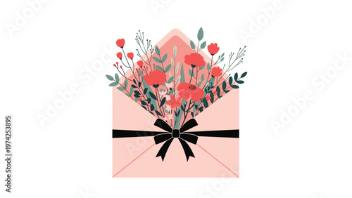 Pink envelope tied with a black bow containing a beautiful bouquet of red flowers and green leaves on white background.