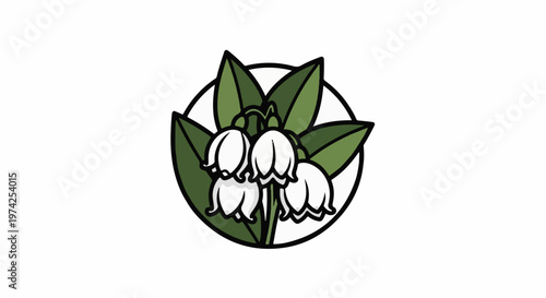 Delicate white bell-shaped flowers with green leaves, outlined in black within a circle