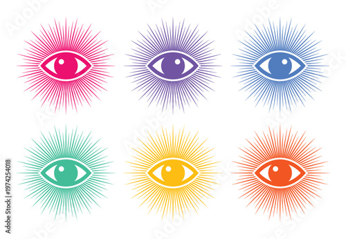 Mystical evil eye icons with sunburst rays, set of 6 colorful spiritual eye symbols, celestial providence and protection vector illustrations