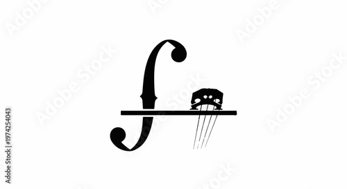 A stylized graphic of a musical clef with strings and a bridge from a stringed instrument