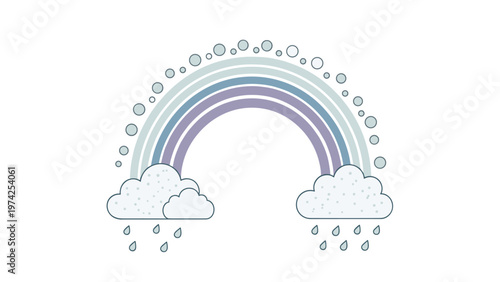 Simple pastel rainbow with fluffy white clouds and blue raindrops on a white background for weather or nursery decor.