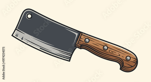 A stylized illustration of a sharp-edged cleaver with a dark blade and a wooden handle