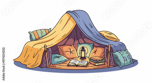 Cozy blanket fort with pillows, books, and a lantern, set for relaxation