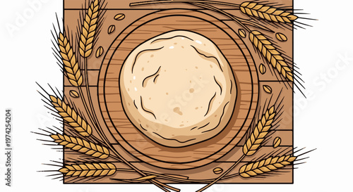 A round of dough on a wooden surface surrounded by wheat stalks and grains