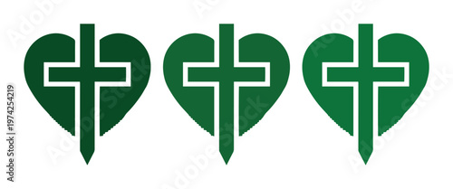Christian cross heart icons in green, set of 3 religious vector symbols, church ministry logo elements for faith and love concepts
