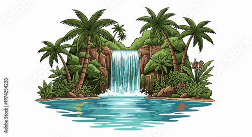 A vibrant tropical waterfall cascades into a serene turquoise pool, surrounded by lush green foliage and tall palm trees