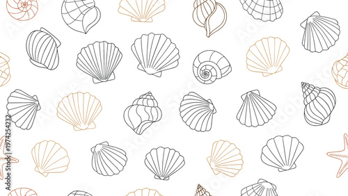 Elegant seamless pattern featuring various seashells and starfish in delicate black and gold line art on a white background.