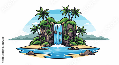 A vibrant pixel art depicts a tropical island scene with a waterfall cascading into a tranquil pool