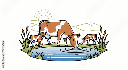 A brown and white cow drinks from a pond with two calves nearby under a stylized sun