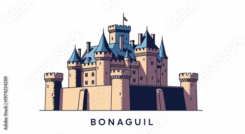 A cartoon-style drawing of a medieval castle with blue conical roofs and towers