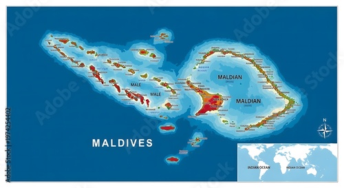 Stylized map showing the Maldives archipelago with turquoise sea and atolls.