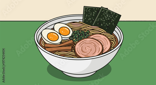 A stylized illustration of a bowl of noodles with eggs, meat, and seaweed on a green surface