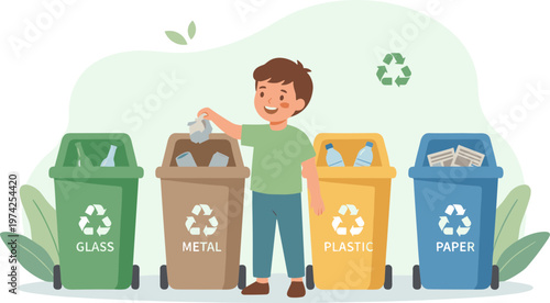 A boy is putting trash into a metal recycling bin next to glass, plastic, and paper bins.
