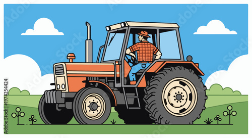 A farmer wearing a checkered shirt and hat drives an orange tractor through a green field under a blue sky with clouds