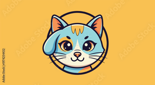 A cute, cartoonish blue cat with large, expressive eyes and orange accents on a yellow background