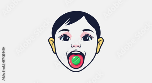 Cartoon face of a surprised child with dark hair, pink cheeks, and a green candy on its tongue
