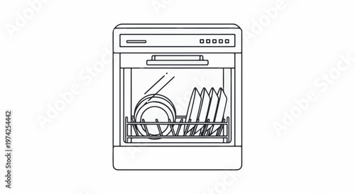 Line art drawing of a dishwasher with plates and bowls on racks, and a control panel
