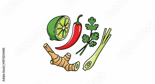 A colorful, cartoon-style illustration of common aromatic ingredients for cooking