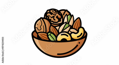 A brown bowl overflowing with assorted nuts including walnuts, almonds, pistachios, and cashews