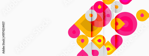 Abstract geometric shapes, circles, overlapping forms. Pink, yellow hues dominate white background. Modern design elements present.