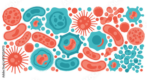 Vibrant illustration showcasing a diverse collection of microscopic bacteria, viruses, and germs in various shapes and sizes, perfect for scientific and health-related designs.