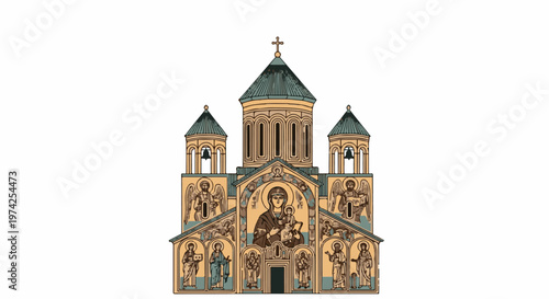 Ornate church building with a central dome and flanking bell towers, adorned with religious icons and figures