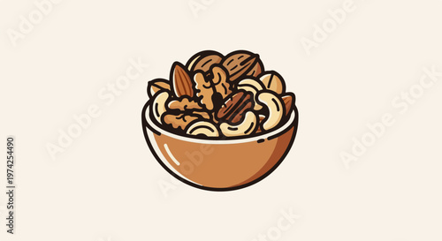 A simple illustration of a ceramic bowl filled with assorted nuts