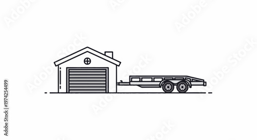 A line art illustration of a garage attached to a flatbed trailer