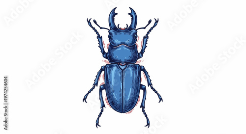 Blue stag beetle with large antlers, detailed illustration on white background