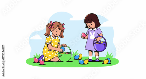 Two young girls enjoy an Easter egg hunt on a sunny day in a field