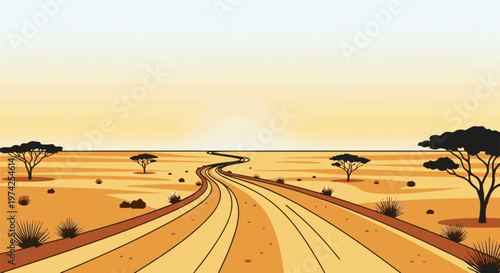 A winding dirt road through a sun-drenched savanna with sparse trees and bushes under a pale sky