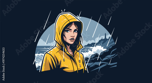Woman in yellow raincoat stands against stormy seascape with lighthouse