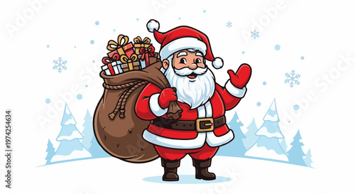 A jolly cartoon Santa Claus, with a sack full of gifts, waves in a snowy forest landscape