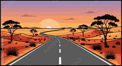 Winding desert road under a vibrant, pixelated sunset with silhouetted acacia trees