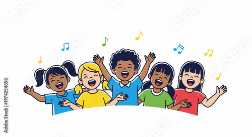 A diverse group of five children joyfully sing together, with musical notes floating above