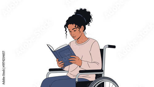 Young Black woman in a wheelchair focused on reading a book demonstrating accessibility inclusivity and the joy of learning.