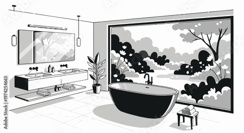 A modern bathroom with a freestanding tub and double vanity, featuring a large window overlooking a lush, abstract landscape