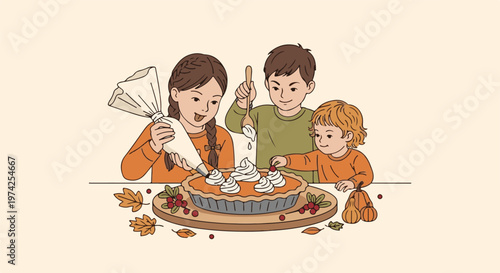 Three children decorating a pumpkin pie with whipped cream and berries, fall theme