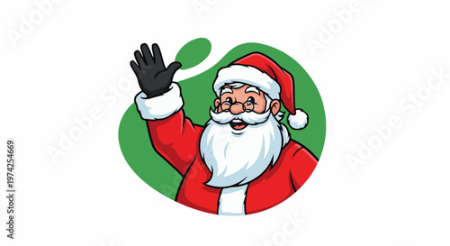 Jolly Santa Claus in red suit and hat, waving with a gloved hand, behind a green background