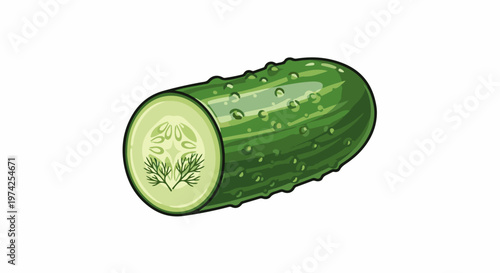 A vibrant, cross-sectioned green cucumber with dill sprigs visible within its watery flesh