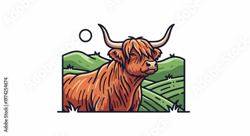 Rustic Highland coo with shaggy orange fur, large horns, against rolling green hills and a sun